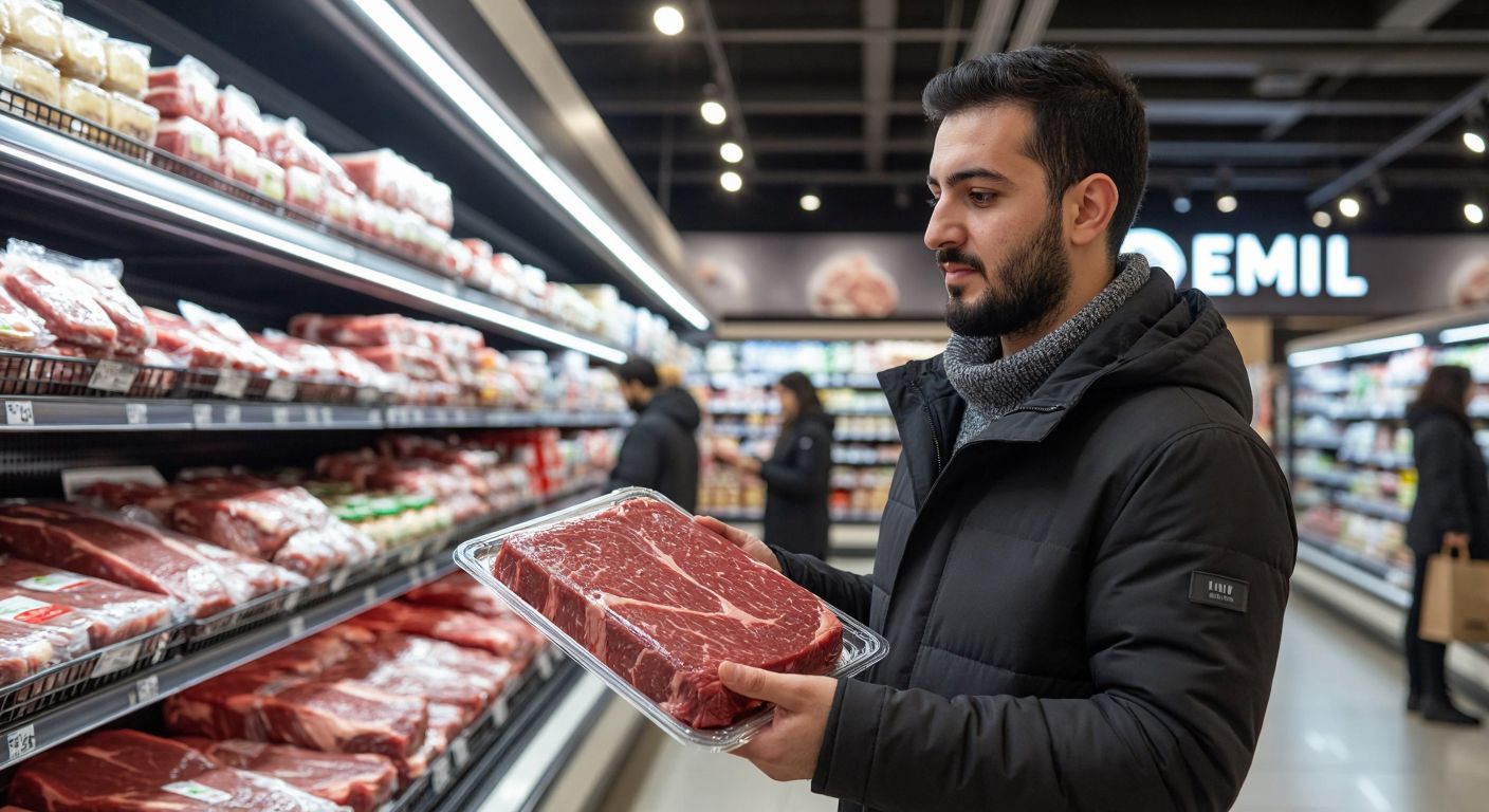 A Turkish shopper in a BİM supermarket confidently selects a vacuum-sealed package of Emin Et beef, with a halal certification logo subtly visible on the packaging, under bright store lights.