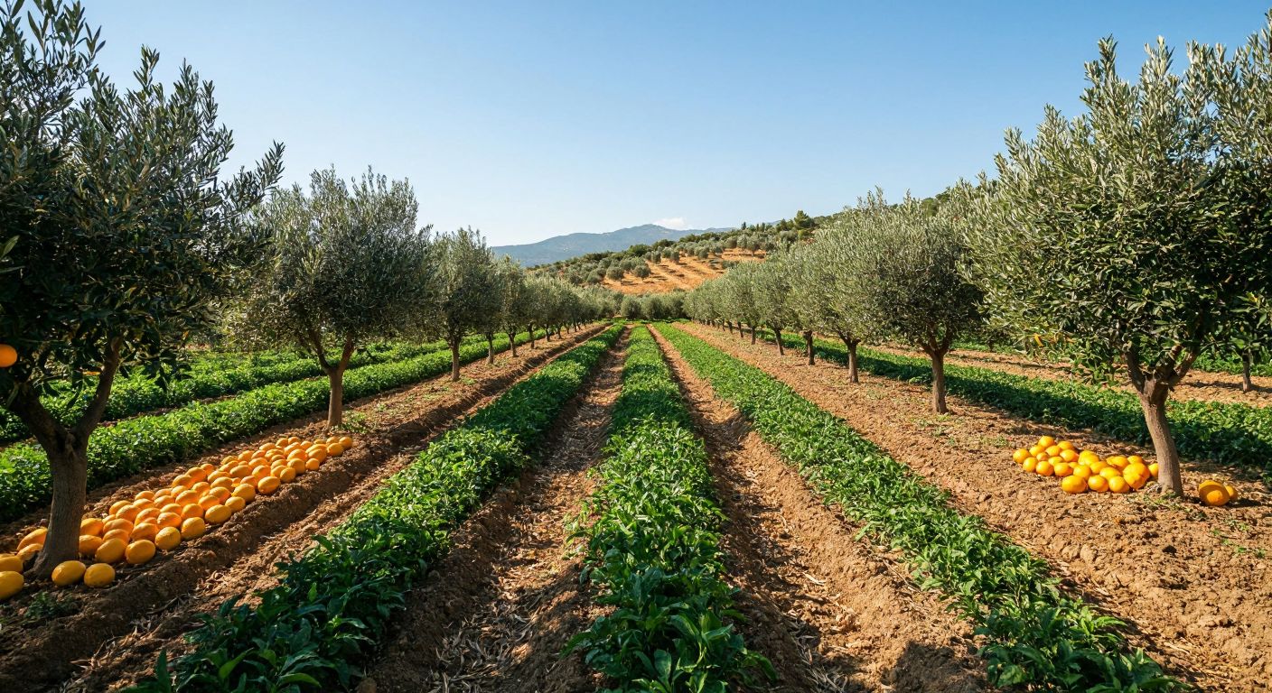 A sunlit field in Northern Cyprus with rows of olive trees, citrus orchards heavy with oranges and lemons, and patches of vegetables like potatoes and carrots, all under a clear blue sky.
