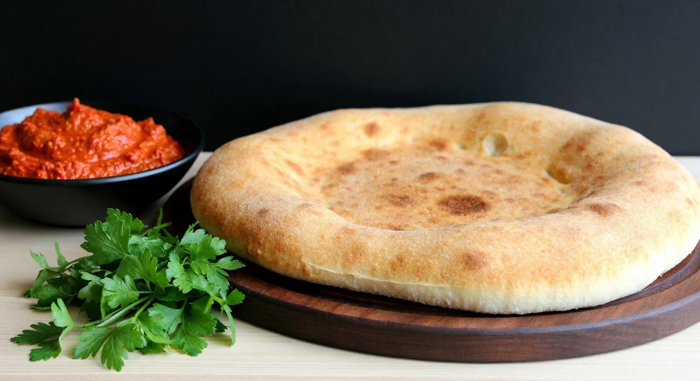 A warm, golden-brown **lavaş** bread, freshly baked and slightly steaming, rests on a wooden table beside a bowl of vibrant red pepper paste and sprigs of fresh parsley, evoking the cozy atmosphere of a Turkish kitchen.