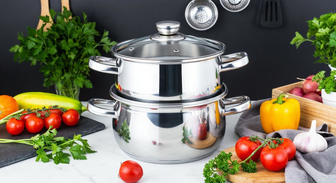 A gleaming stainless steel pot set with a polished silver finish, placed on a modern kitchen counter in Turkey, surrounded by fresh vegetables and herbs like tomatoes, peppers, and parsley.