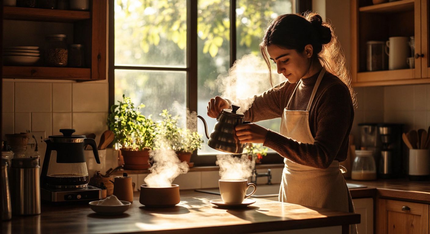 A Turkish woman in a cozy kitchen carefully pours hot water over fresh coffee grounds in a clean filter, with a steaming cup of coffee and a small bowl of milk nearby, while sunlight streams through the window.