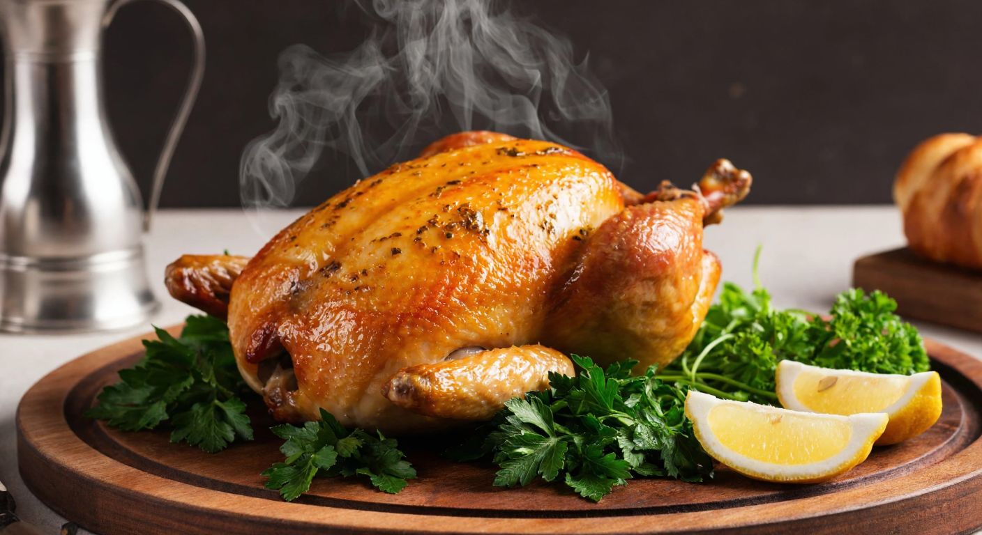 A golden-brown roasted quail on a rustic wooden plate, surrounded by fresh herbs and lemon wedges, with steam rising to emphasize its rich protein content, set against a warm Turkish kitchen backdrop.