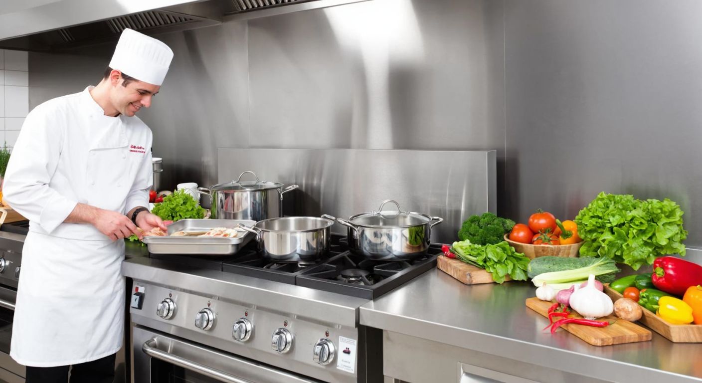 A stainless steel commercial kitchen countertop with neatly arranged Kapp-branded industrial cooking equipment, surrounded by fresh ingredients and a chef in a white uniform inspecting the quality with a satisfied expression.