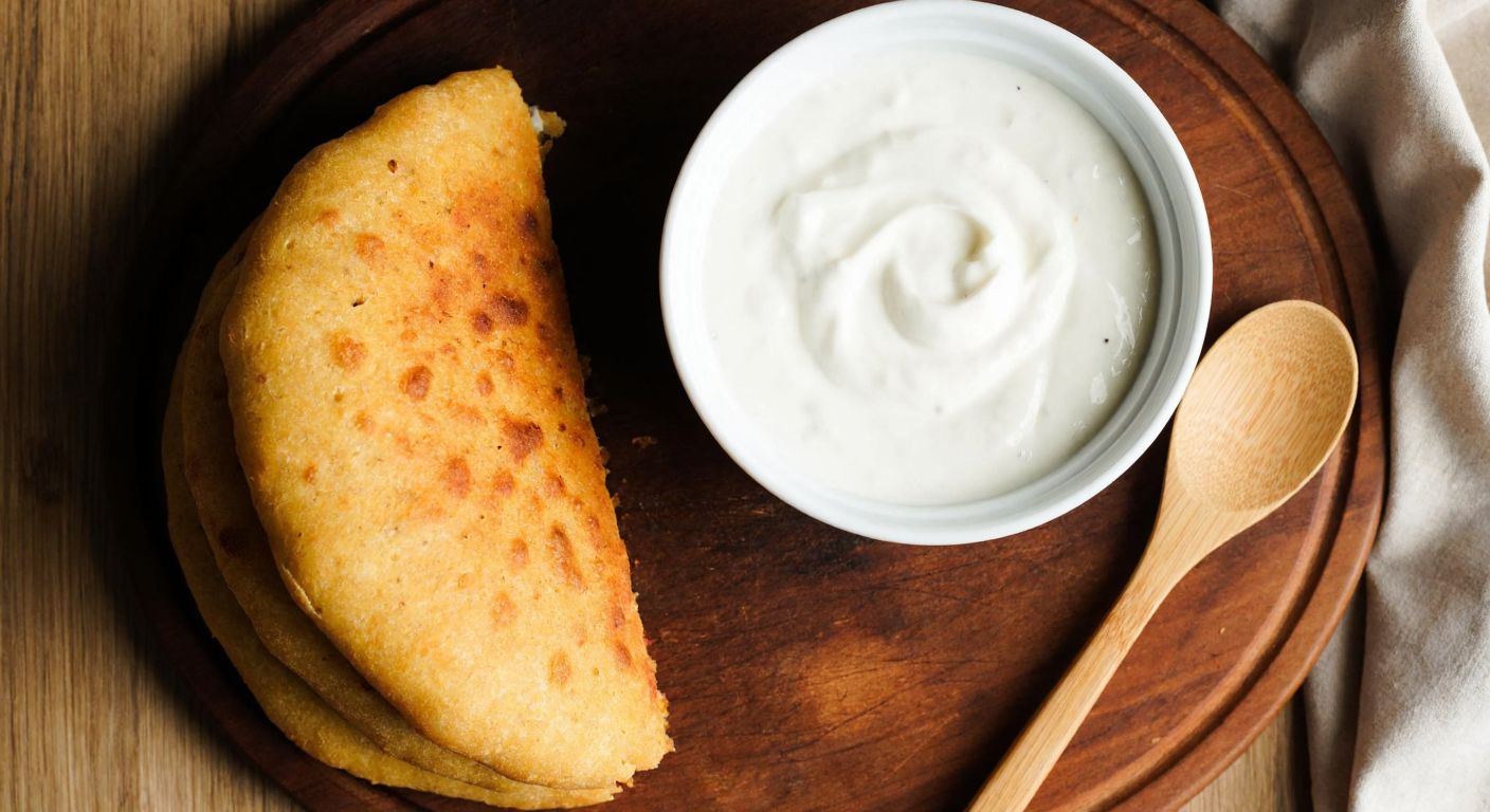 A warm, golden-brown lentil bread sits on a rustic wooden table beside a small bowl of plain white yogurt, with a wooden spoon resting nearby, evoking a cozy Turkish kitchen scene.