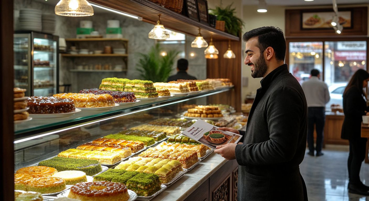A bustling pastry shop in Ankara with glass displays filled with colorful Turkish desserts like baklava and künefe, while a cheerful owner hands a franchise brochure to an interested entrepreneur.