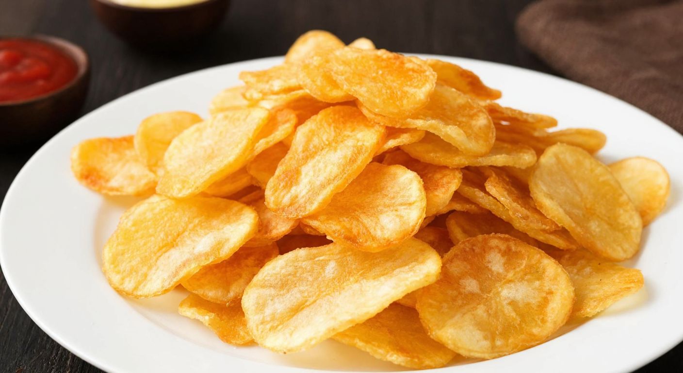 A golden pile of crispy, thinly sliced fried potato chips on a white plate, with a few scattered around, evoking a casual snack moment in a Turkish home.