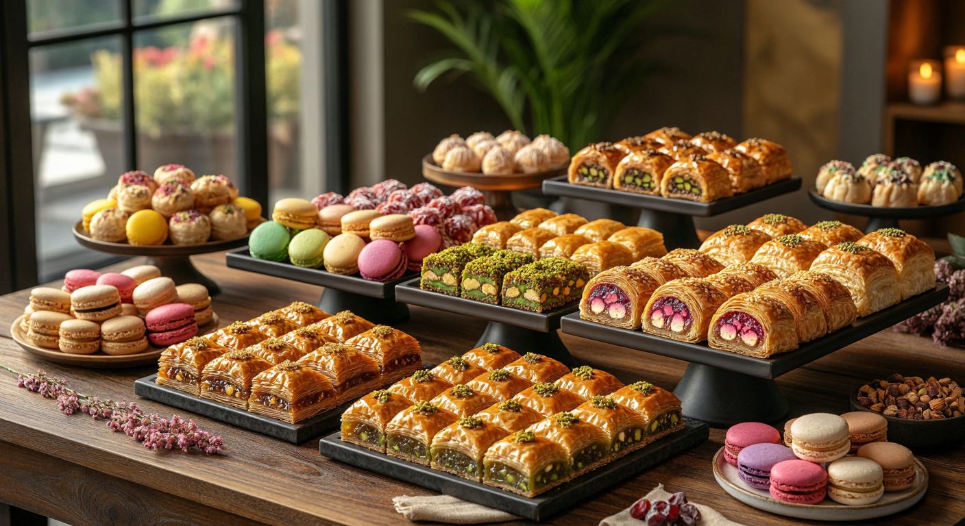 A vibrant display of assorted Turkish dessert boxes—layered baklava in a perforated pastry box, colorful lokum in a windowed container, delicate macarons in an elegantly printed wedding favor box, and golden börek in a sturdy tray—arranged on a wooden table with a warm, inviting glow.