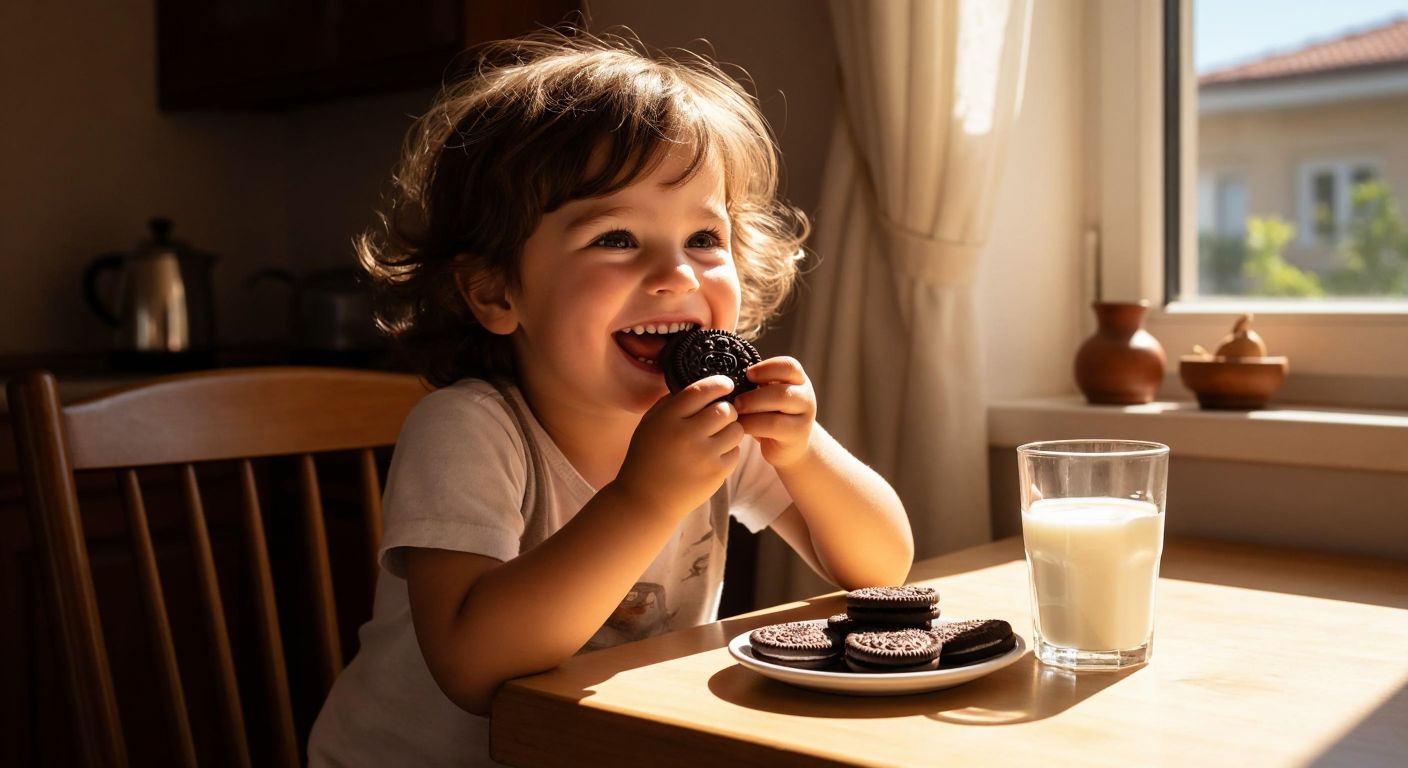 A smiling child happily biting into a chocolate Oreo cookie, with a glass of milk nearby on a sunlit kitchen table in Turkey.