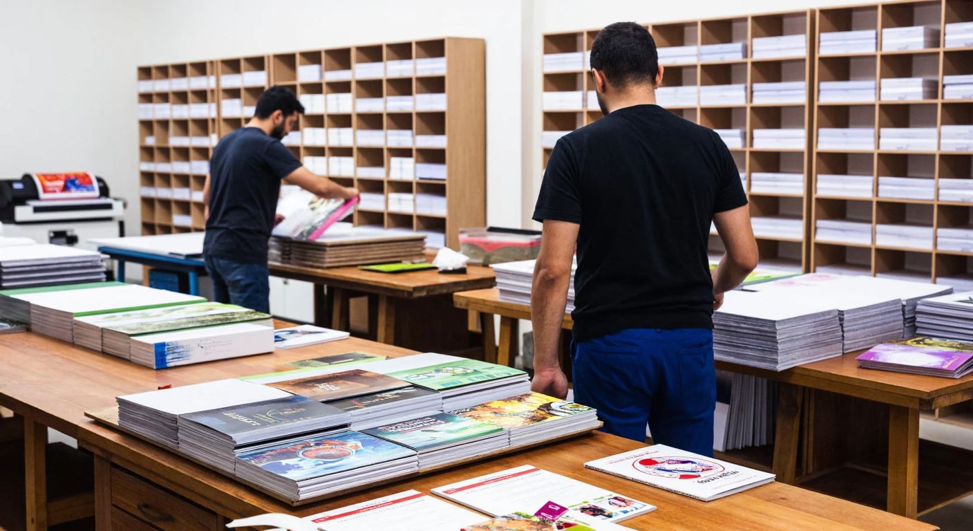 A bustling Turkish printing workshop with workers carefully arranging stacks of colorful brochures, business cards, and magnets on wooden tables, surrounded by shelves filled with neatly organized printed materials.