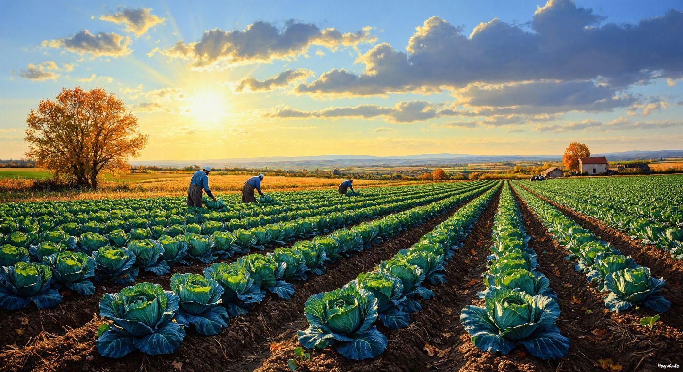 A sunlit field in Hayrabolu with farmers in traditional workwear harvesting rows of vibrant green cabbages under a crisp autumn sky.
