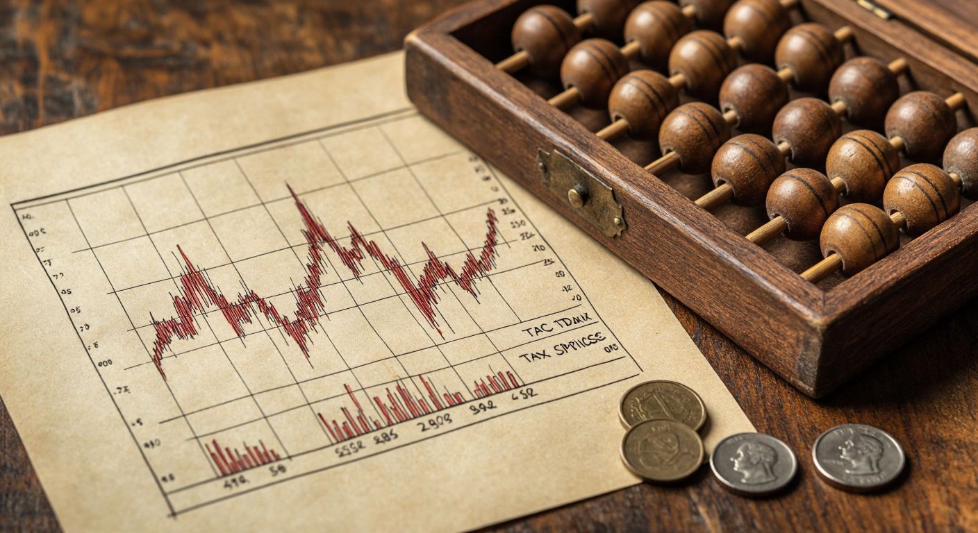 A hand-drawn graph on parchment paper shows intersecting supply and demand curves, with a tax wedge shaded between them, while a traditional Turkish abacus and coins sit nearby.