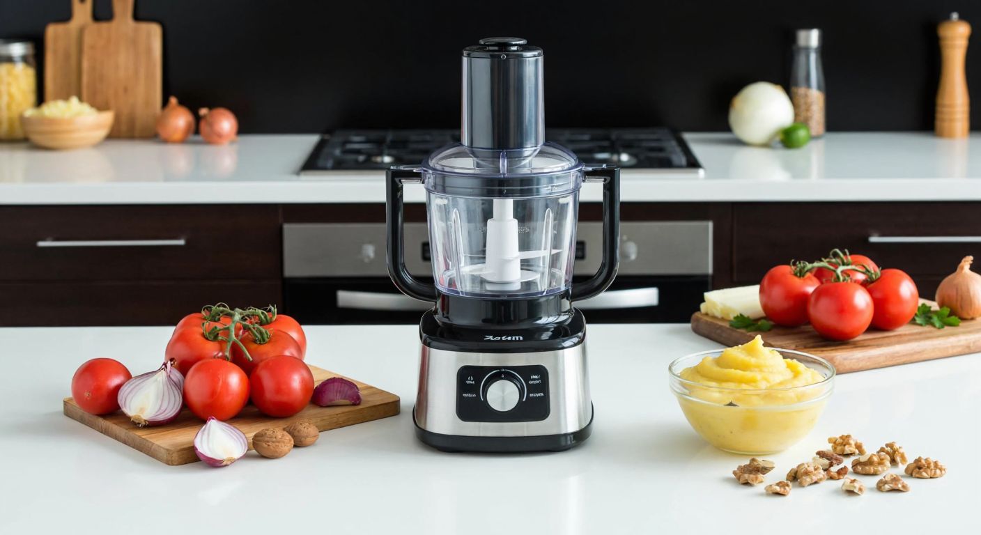 A modern Turkish kitchen counter with the Arzum AR1035 Prochopp Eco chopper surrounded by freshly chopped tomatoes, onions, walnuts, and a bowl of smooth potato puree.
