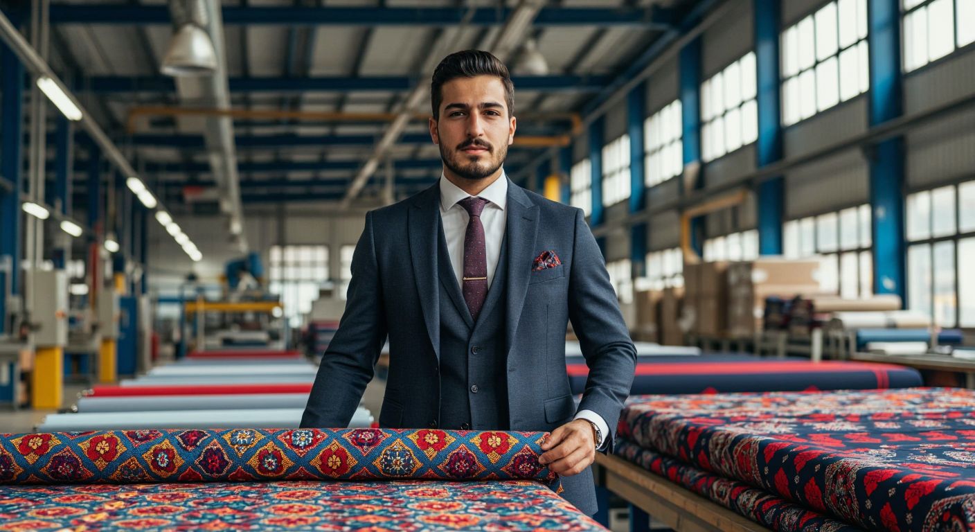 A confident Turkish businessman in a tailored suit stands proudly in front of a modern textile factory, holding a vibrant bolt of fabric with the Damat logo subtly woven into the pattern.