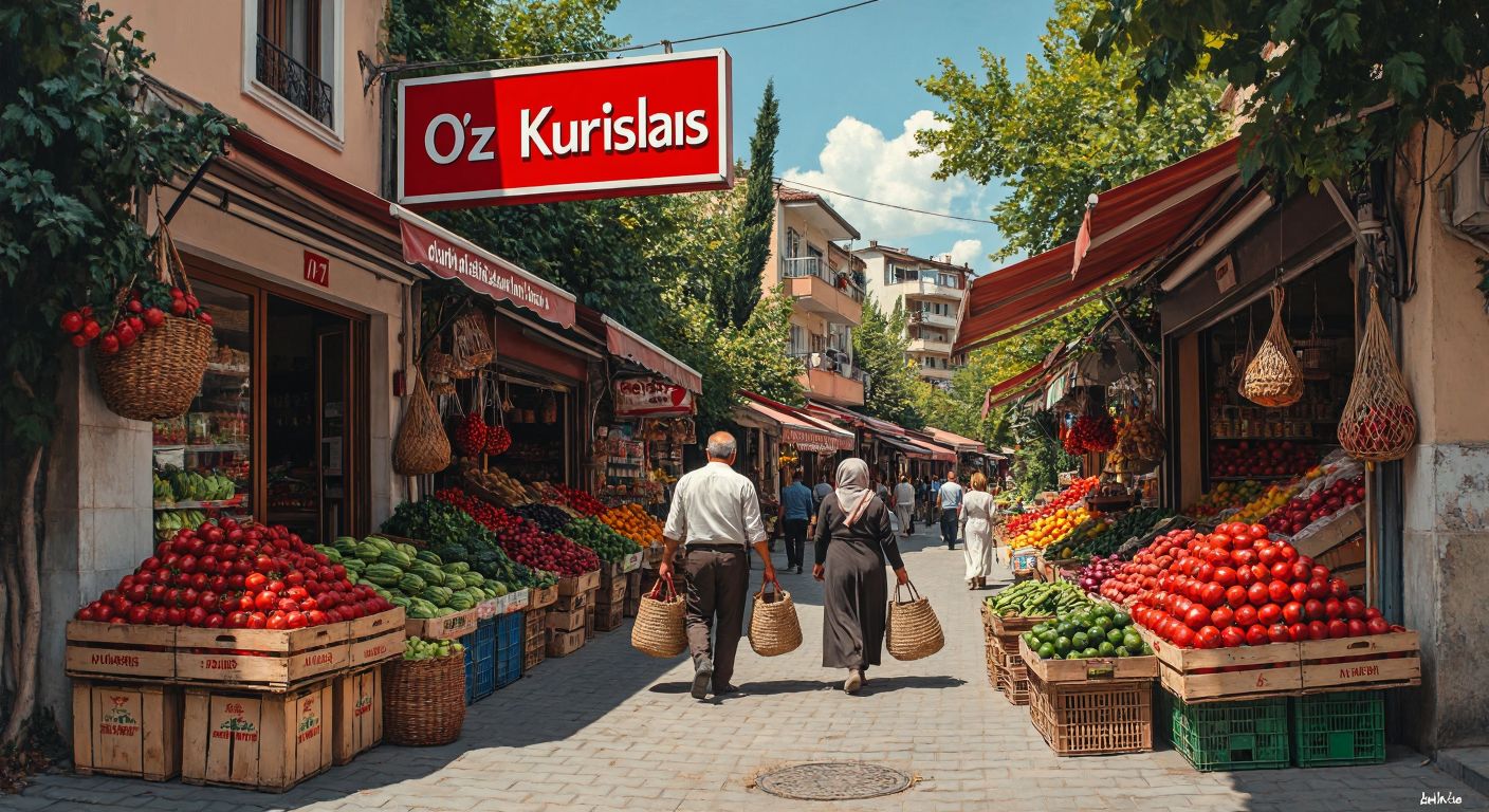 A vibrant Turkish neighborhood street with a cheerful Öz Kuruşlar market nestled among small shops, its bright red and white sign standing out, while locals carrying woven bags chat near stacked crates of fresh produce.