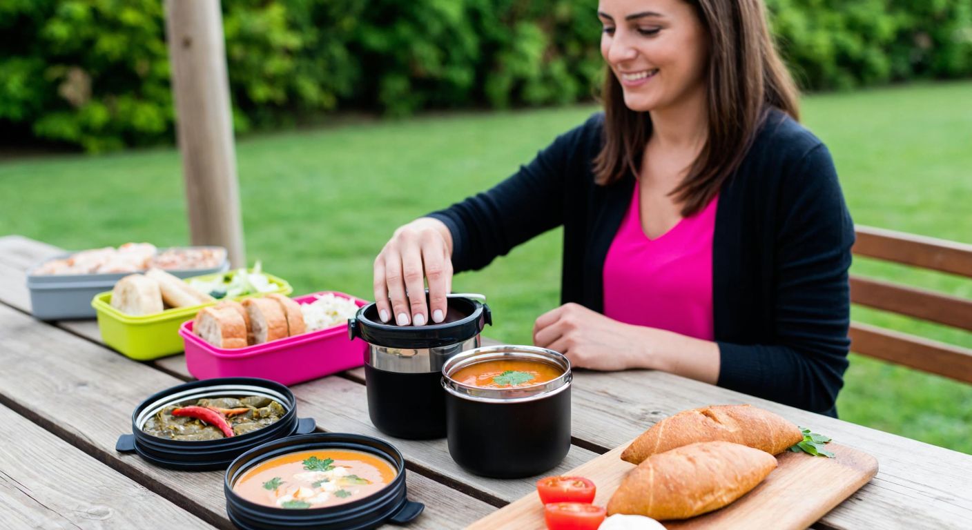 A sleek stainless steel bento lunchbox with a removable soup container sits on a wooden picnic table, surrounded by colorful compartments filled with Turkish dishes like mercimek çorbası, dolma, and fresh bread, while a smiling woman in casual office attire prepares to pack it into her bag.