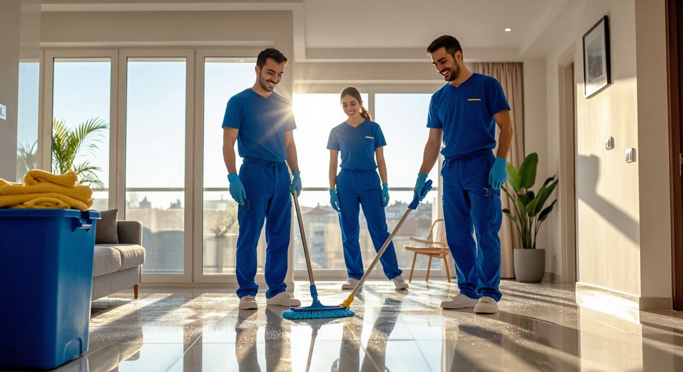 A cheerful cleaning crew in blue uniforms efficiently scrubbing a sunlit Istanbul apartment, with sparkling surfaces and a satisfied homeowner smiling in the background.