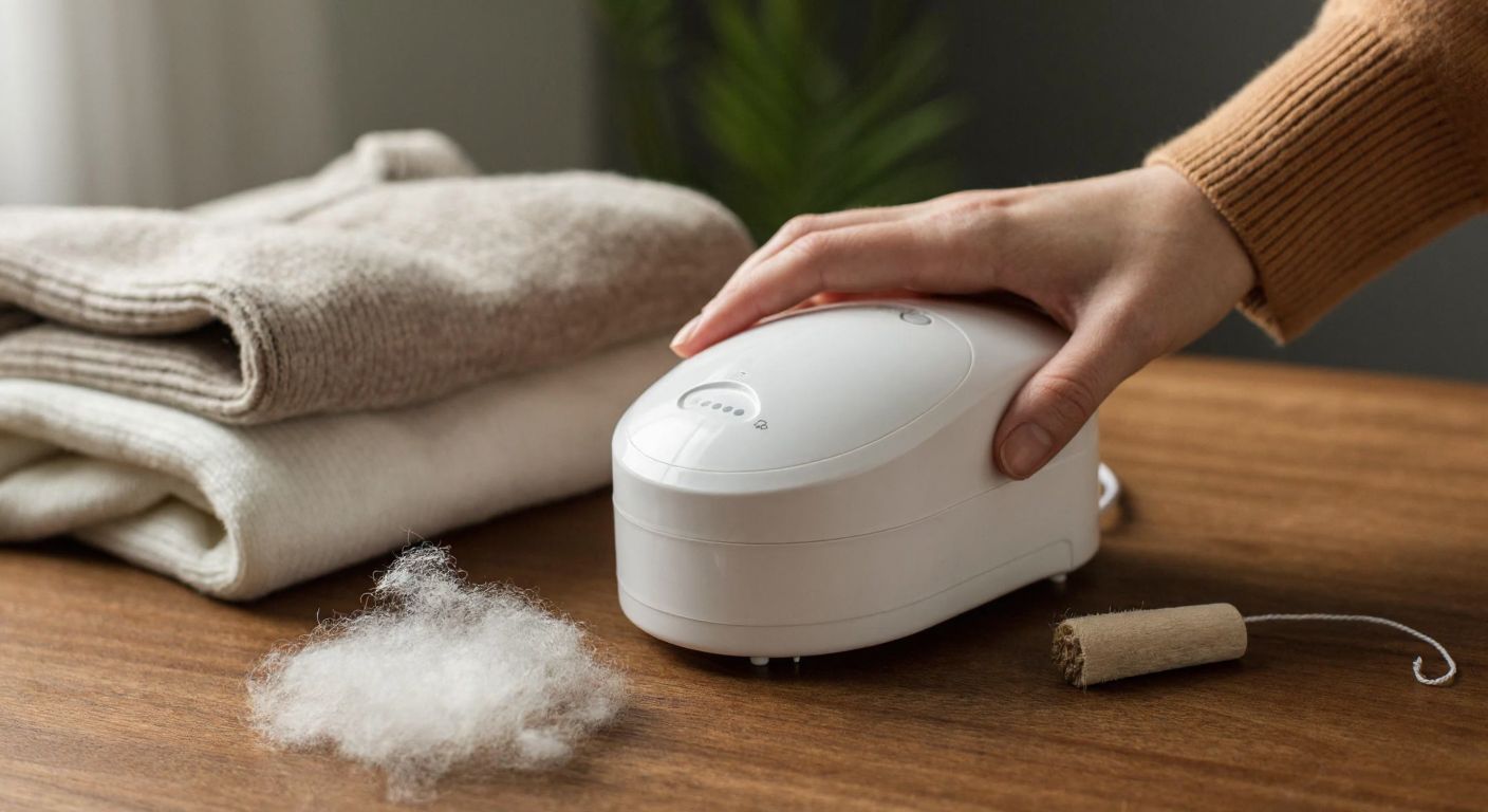 A white Kiwi fabric shaver sits on a wooden table next to a neatly spread-out wool sweater, with a hand gently gliding the device over the fabric to remove lint, while a small pile of collected fuzz rests nearby.