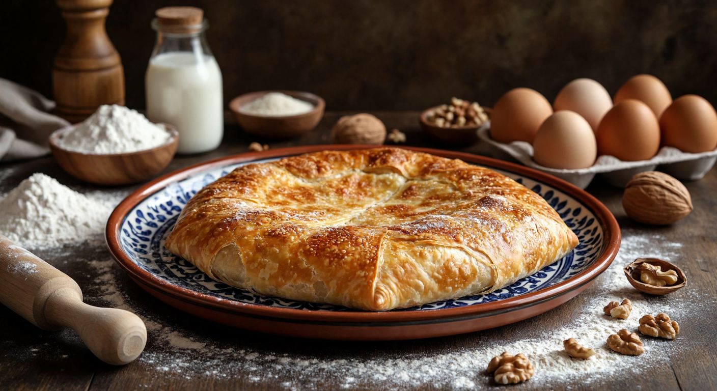 A warm, golden-brown **şıllık** pastry, freshly baked and slightly flaky, sits on a traditional Turkish ceramic plate, surrounded by scattered ingredients like flour, eggs, milk, and walnuts, with a wooden rolling pin and a dusting of flour on a rustic kitchen counter.