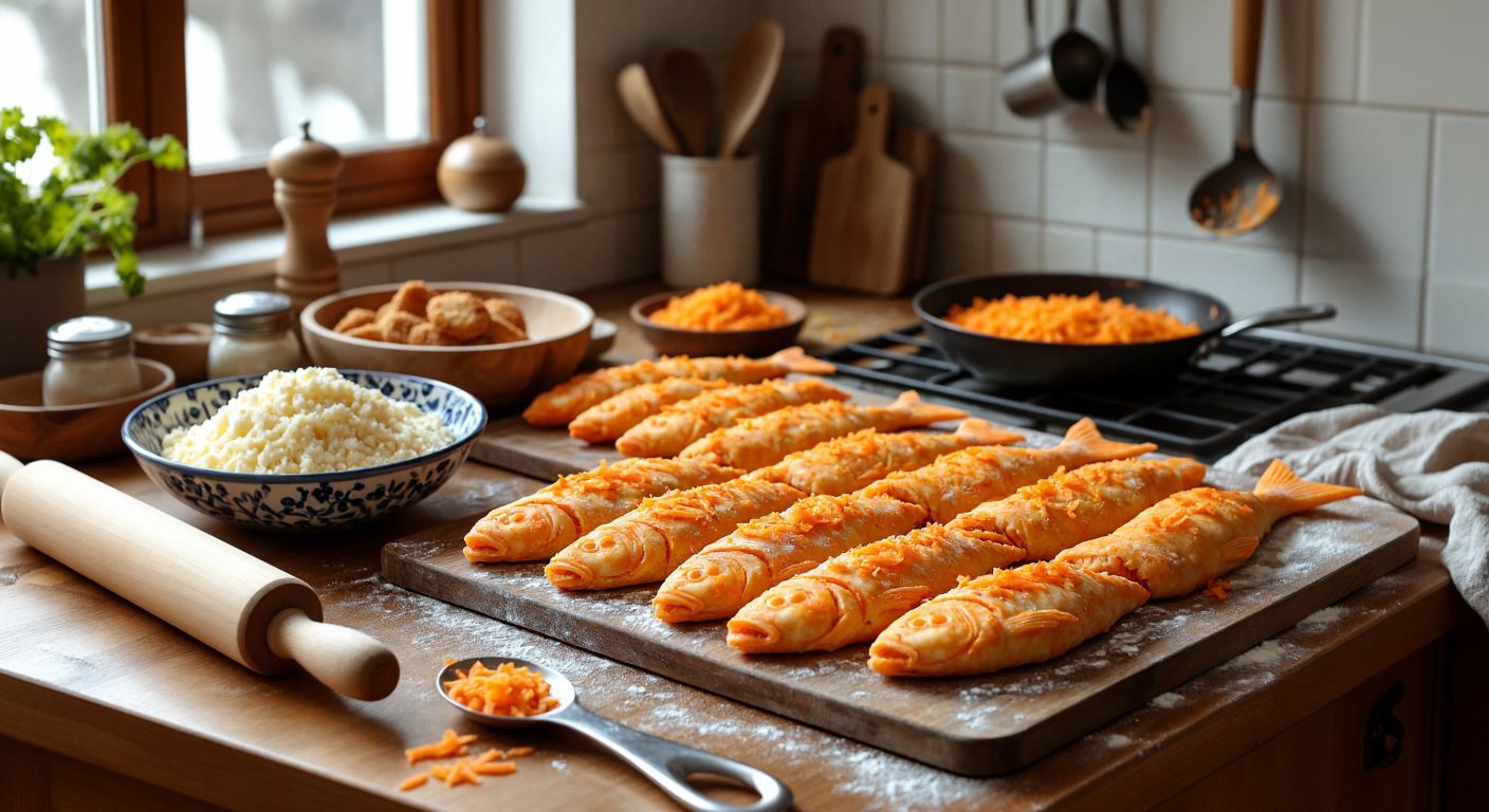 A warm Turkish kitchen with a wooden countertop displaying freshly rolled fish cracker dough, orange carrot flecks visible, alongside a bowl of grated kasar cheese, a rolling pin, and a fish-shaped cutter, with golden-brown crackers cooling on a wire rack nearby.