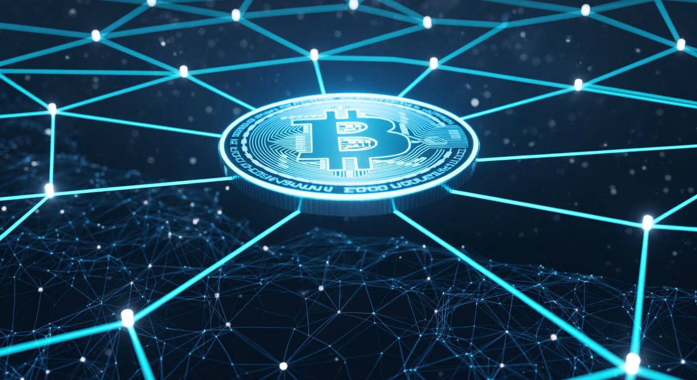 A futuristic digital coin glowing with a soft blue light, hovering over a decentralized network of interconnected nodes, symbolizing governance, staking, and financial transactions.