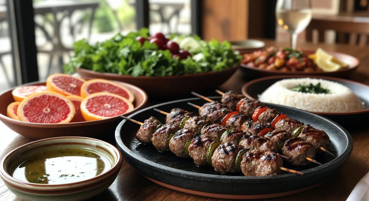 A vibrant Turkish dining table laden with grilled dana and hindi kebabs, fresh green leafy vegetables, a bowl of sliced greyfurt and kiraz, a small dish of zeytinyağı, and a steaming plate of pirinç pilavı, surrounded by warm, inviting light.