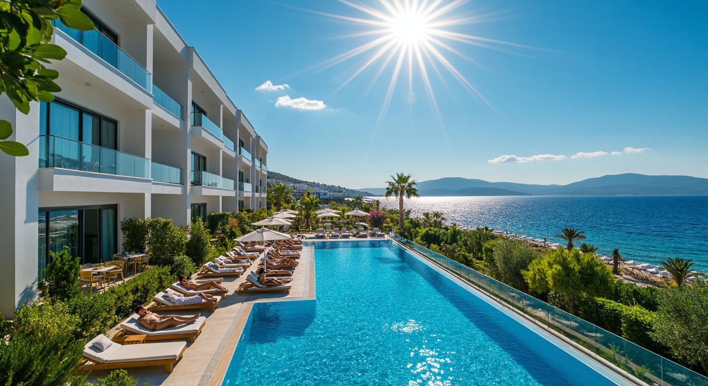 A modern Turkish hotel complex under a bright sun, with guests lounging by a sparkling pool, surrounded by lush greenery and the Aegean Sea in the background.