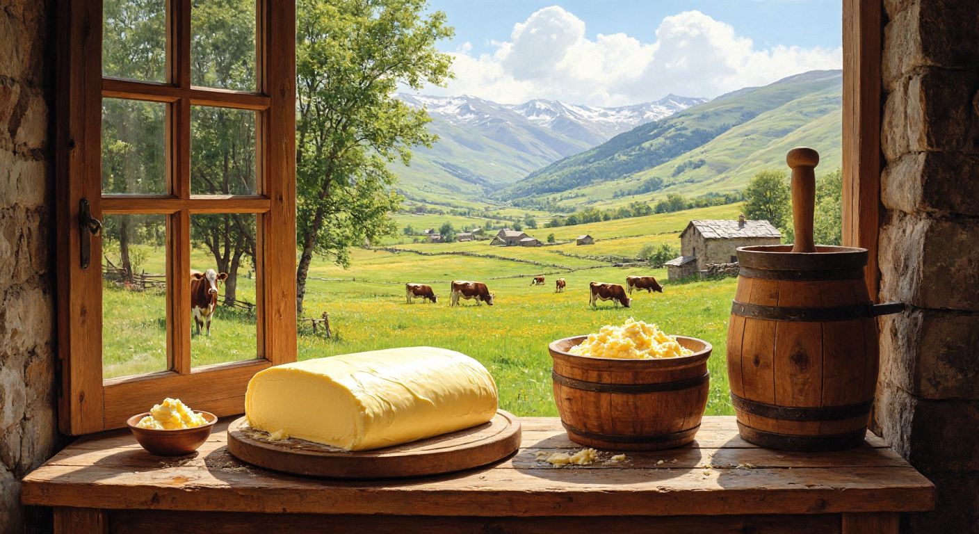 A rustic wooden table in a sunlit Kars farmhouse displays a golden roll of freshly churned butter next to a traditional wooden churn, with lush green pastures and grazing cows visible through the open window.