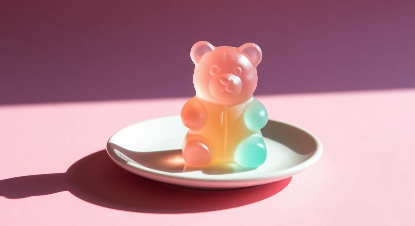 A plump, translucent gummy bear-shaped candy in pastel colors sits on a small white plate, evoking a playful and sweet essence.