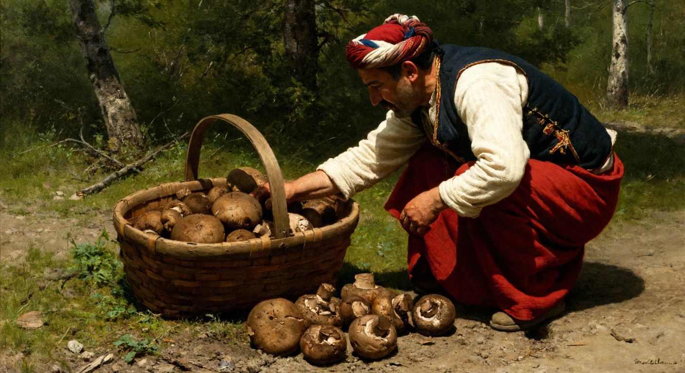 A rustic wooden basket filled with earthy domalan mushrooms resting on sunlit forest soil, with a cautious forager in traditional Turkish attire kneeling nearby, carefully inspecting one.