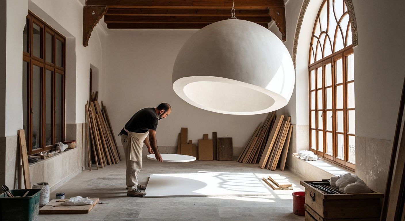 A skilled Turkish craftsman carefully inspects a pristine white plaster dome in a sunlit traditional building, with tools and materials neatly arranged nearby.