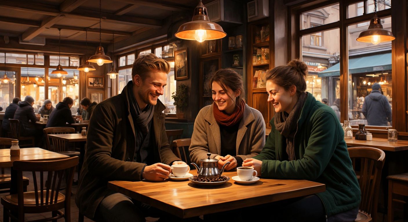 A cozy café with wooden tables and warm lighting, where a Finnish couple in casual attire warmly serves Turkish coffee to smiling customers.