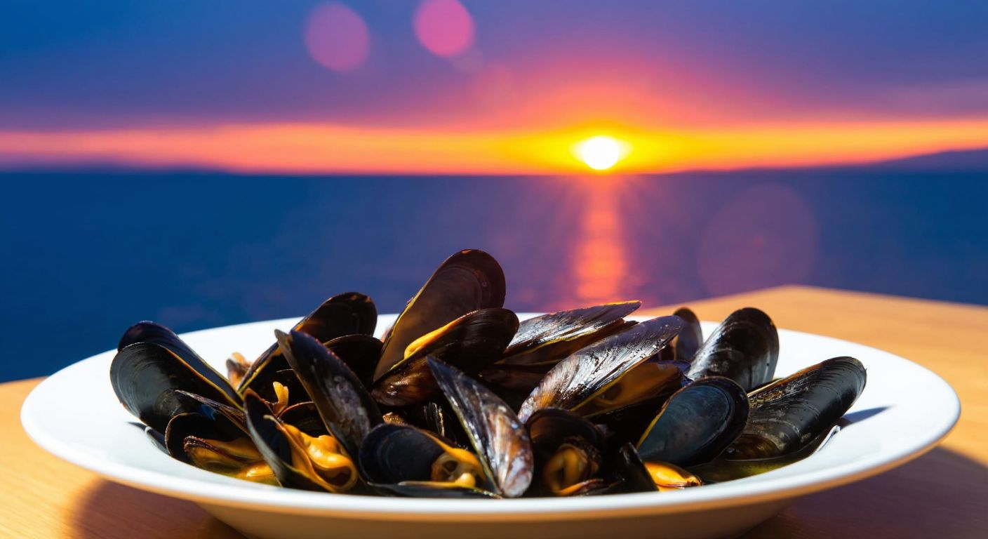 A steaming plate of fresh mussels on a seaside table in Turkey, with a vibrant sunset over the Aegean Sea in the background, evoking health and nourishment.
