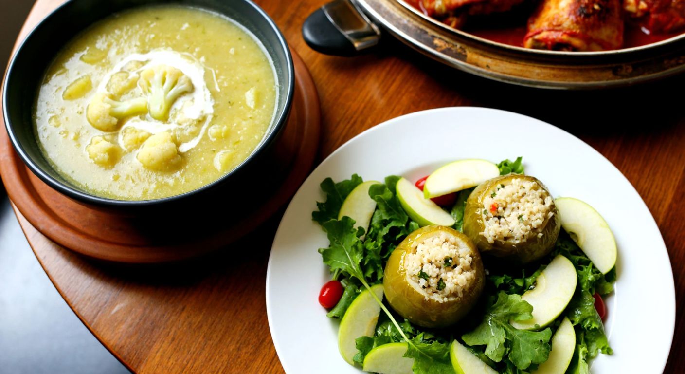 A warm Turkish kitchen with a wooden table displaying a steaming bowl of green apple and cauliflower soup, a plate of bulgur-stuffed apple dolmas, and a fresh chicken salad with crisp green apples, evoking a cozy, aromatic dinner atmosphere.