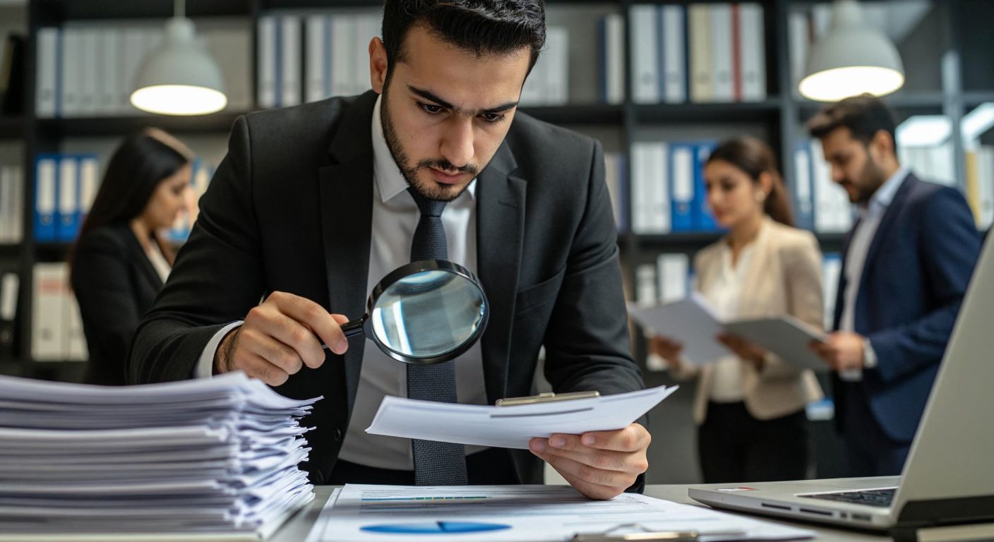 A focused Turkish accountant in a modern office examines a stack of financial documents with a magnifying glass, while a broader scene of colleagues reviewing files in the background represents the auditing process.