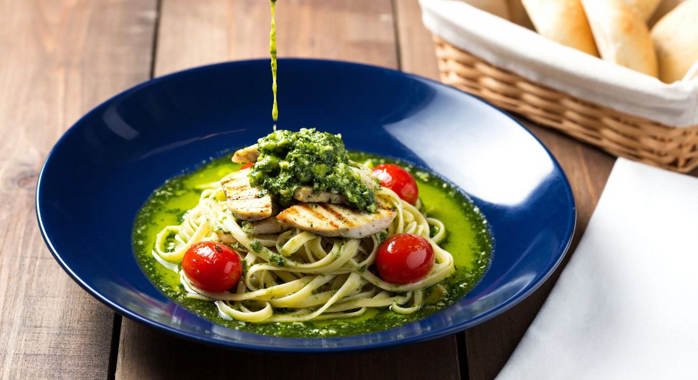 A vibrant green pesto sauce drizzled over a plate of fresh pasta, topped with grilled chicken and cherry tomatoes, set on a rustic wooden table with a basket of warm bread nearby.