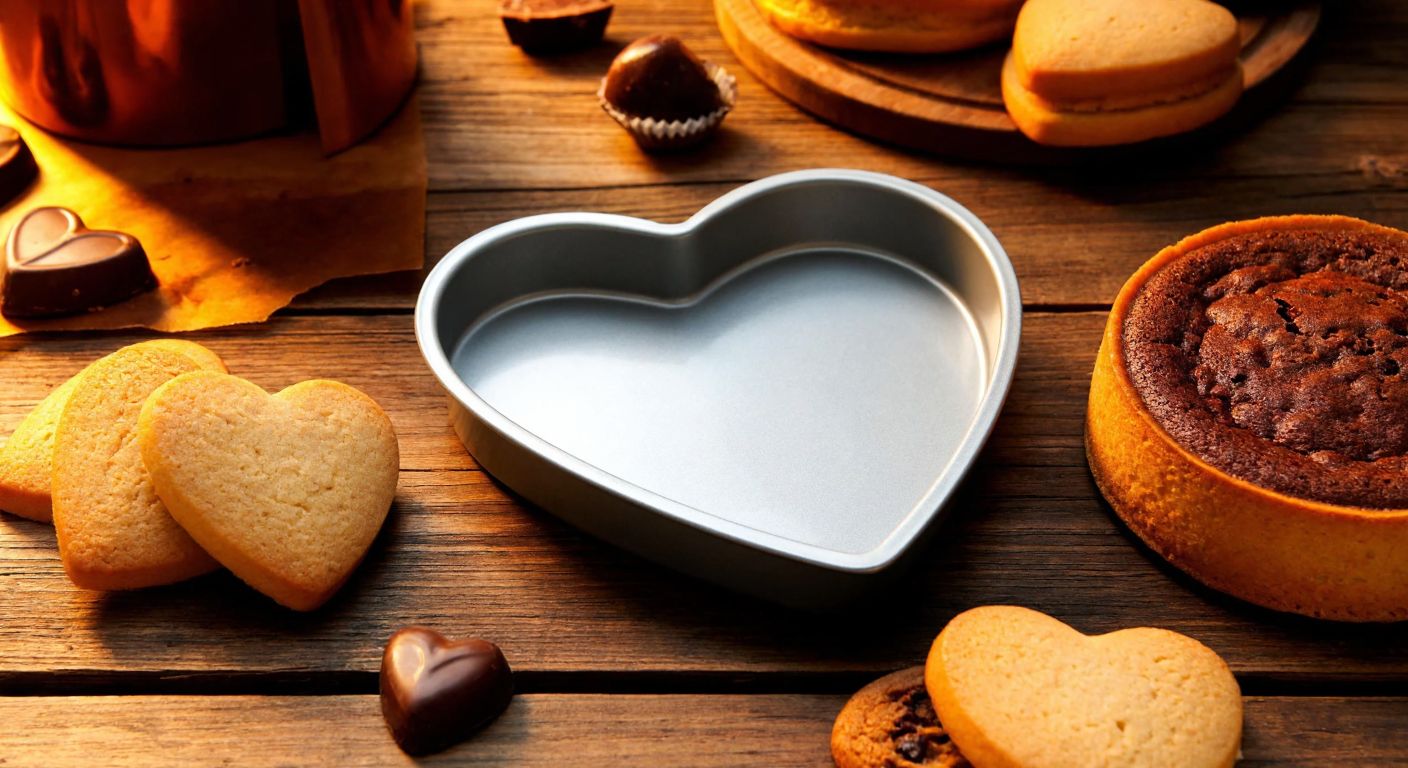 A heart-shaped baking mold sits on a rustic wooden table surrounded by freshly baked heart-shaped cakes, cookies, and chocolates, with a warm golden light casting a cozy glow over the scene.