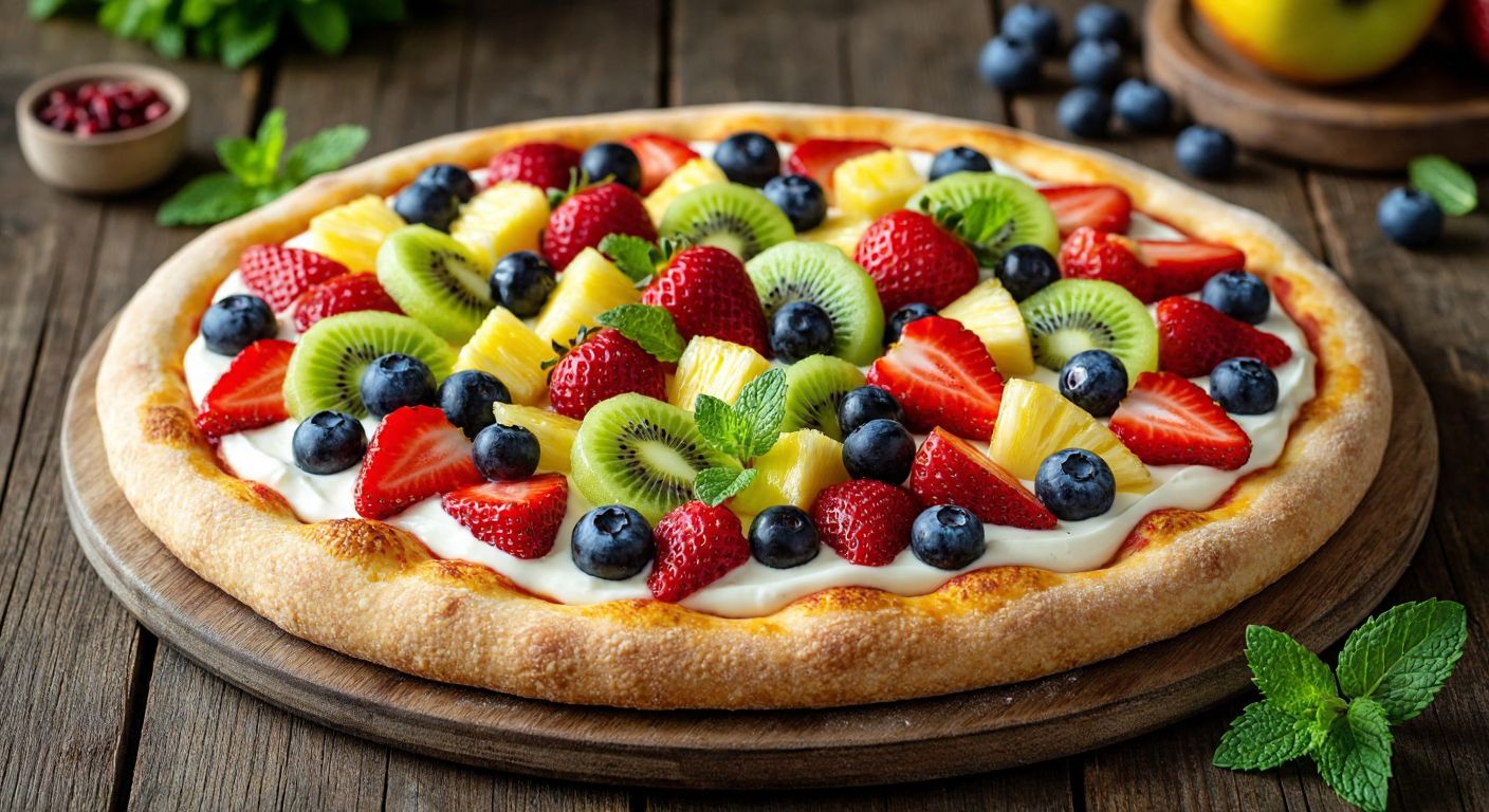 A golden-brown pizza crust topped with a creamy white cheese spread, arranged with vibrant slices of strawberries, kiwi, pineapple, and blueberries, garnished with fresh mint leaves, resting on a rustic wooden table in a sunlit Turkish kitchen.