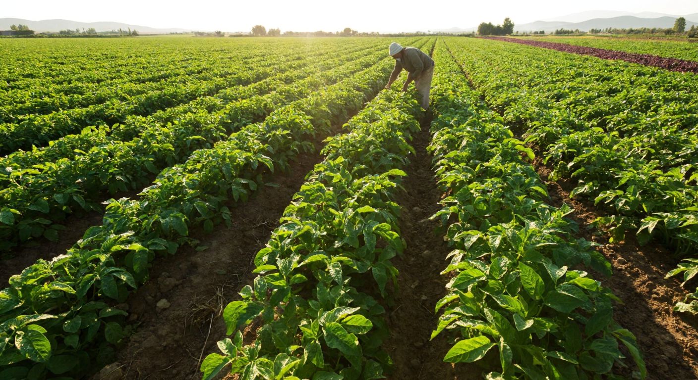 A sunlit Turkish farm field with rows of lush green potato plants, their leaves glistening with dew, while a farmer in traditional attire kneels to inspect the healthy tubers of Yukon Gold and Desiree varieties.