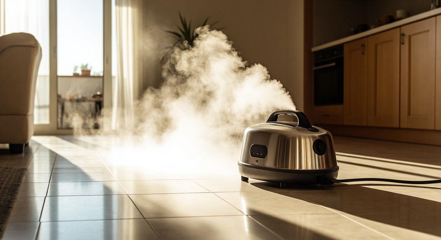 A sleek, industrial-grade steam cleaner with a polished metal body emits a powerful jet of steam while resting on a tiled floor in a sunlit Turkish home.