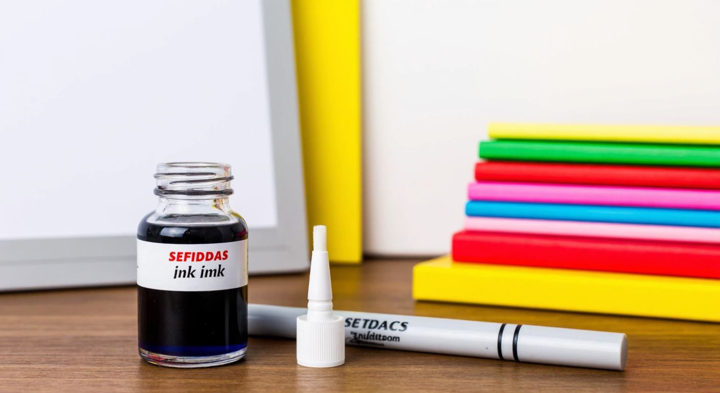 A small glass bottle of Sırdaş ink (28 ml) placed on a wooden desk next to a whiteboard marker, with a neatly arranged stack of colorful notebooks in the background.