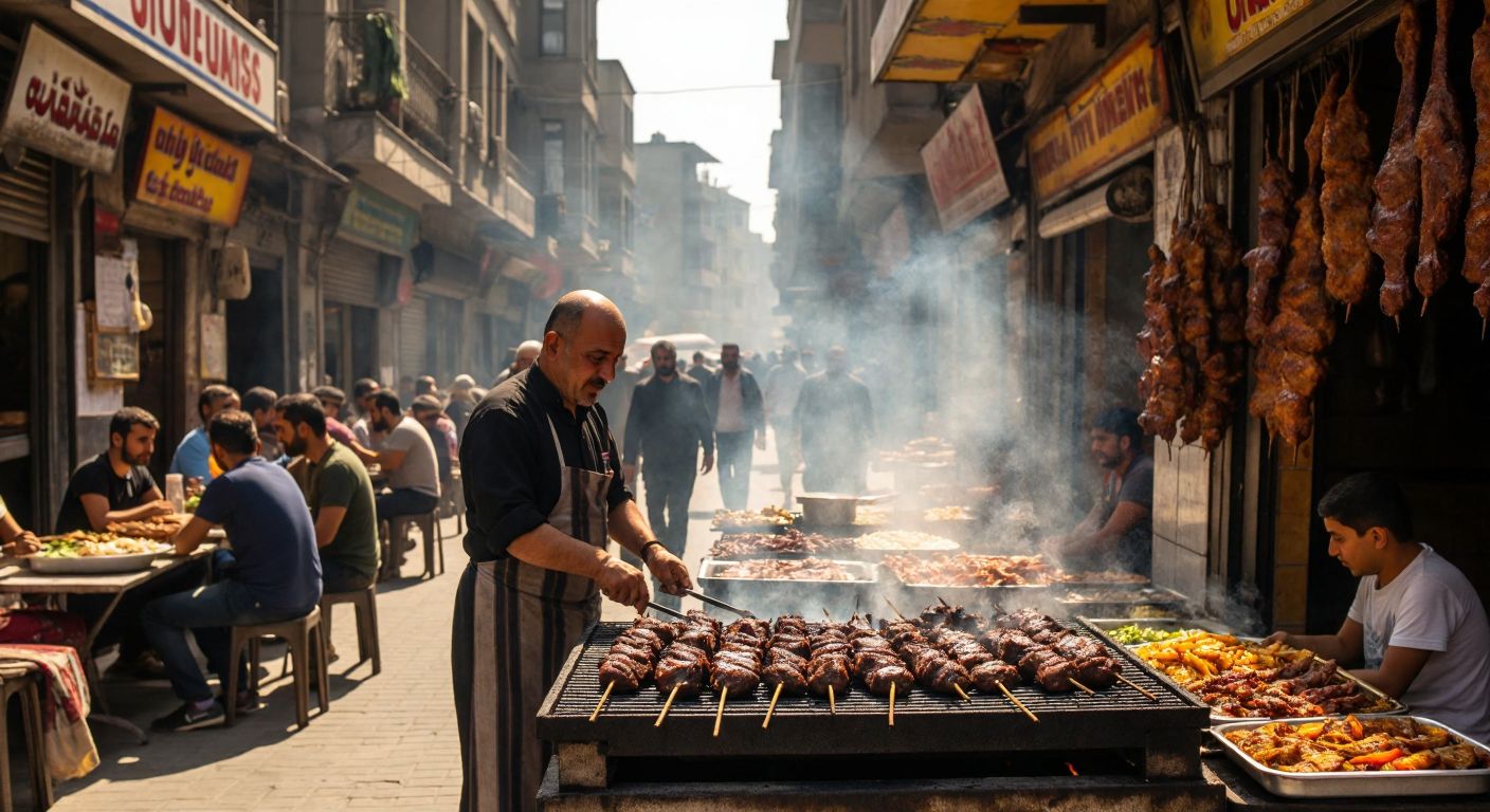A bustling street in Diyarbakır with a vibrant Umut Ciğercisi restaurant, its grill sizzling with golden-brown liver kebabs, surrounded by locals chatting happily under warm sunlight.