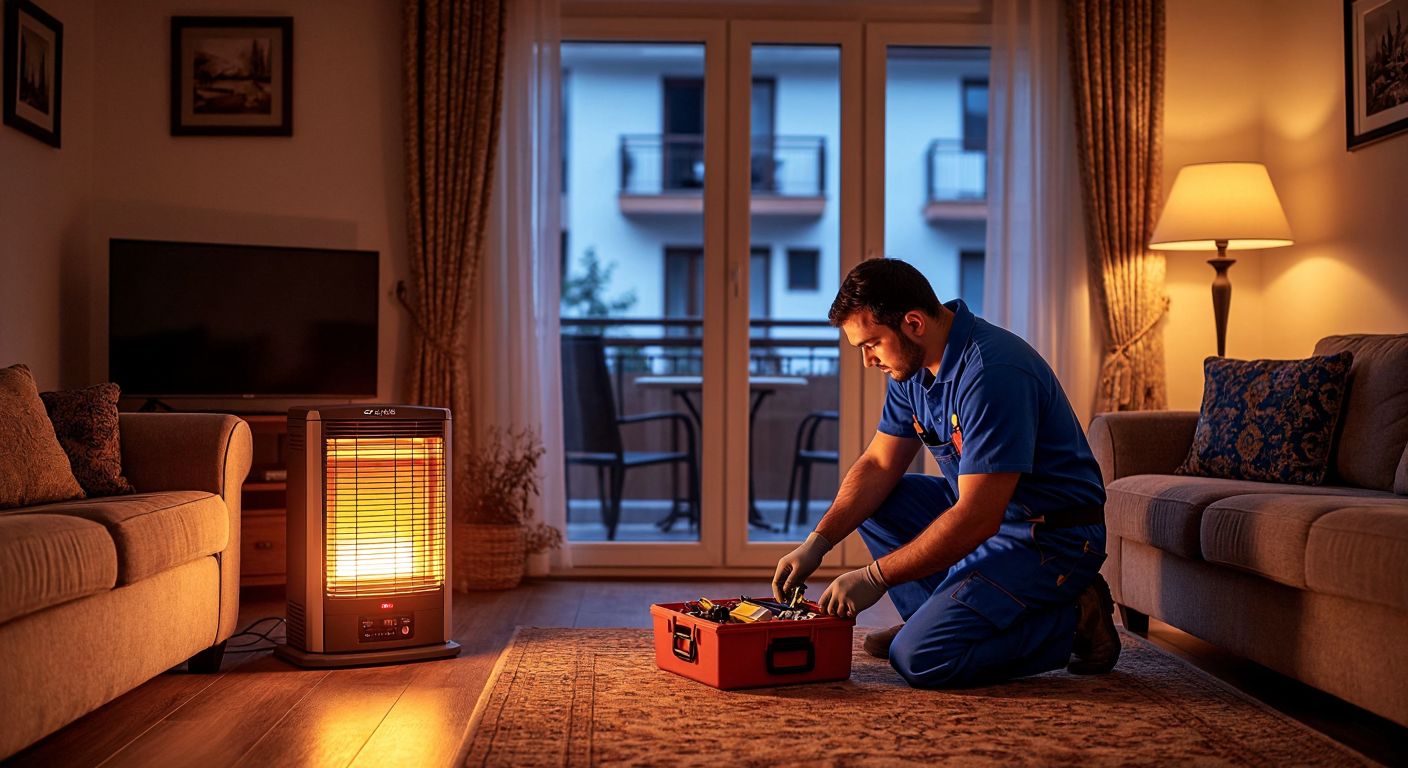 A warm, cozy living room in Turkey with a Zibro gas heater glowing softly in the corner, while a repairman in a blue uniform kneels beside it, checking its components with a toolbox open nearby.