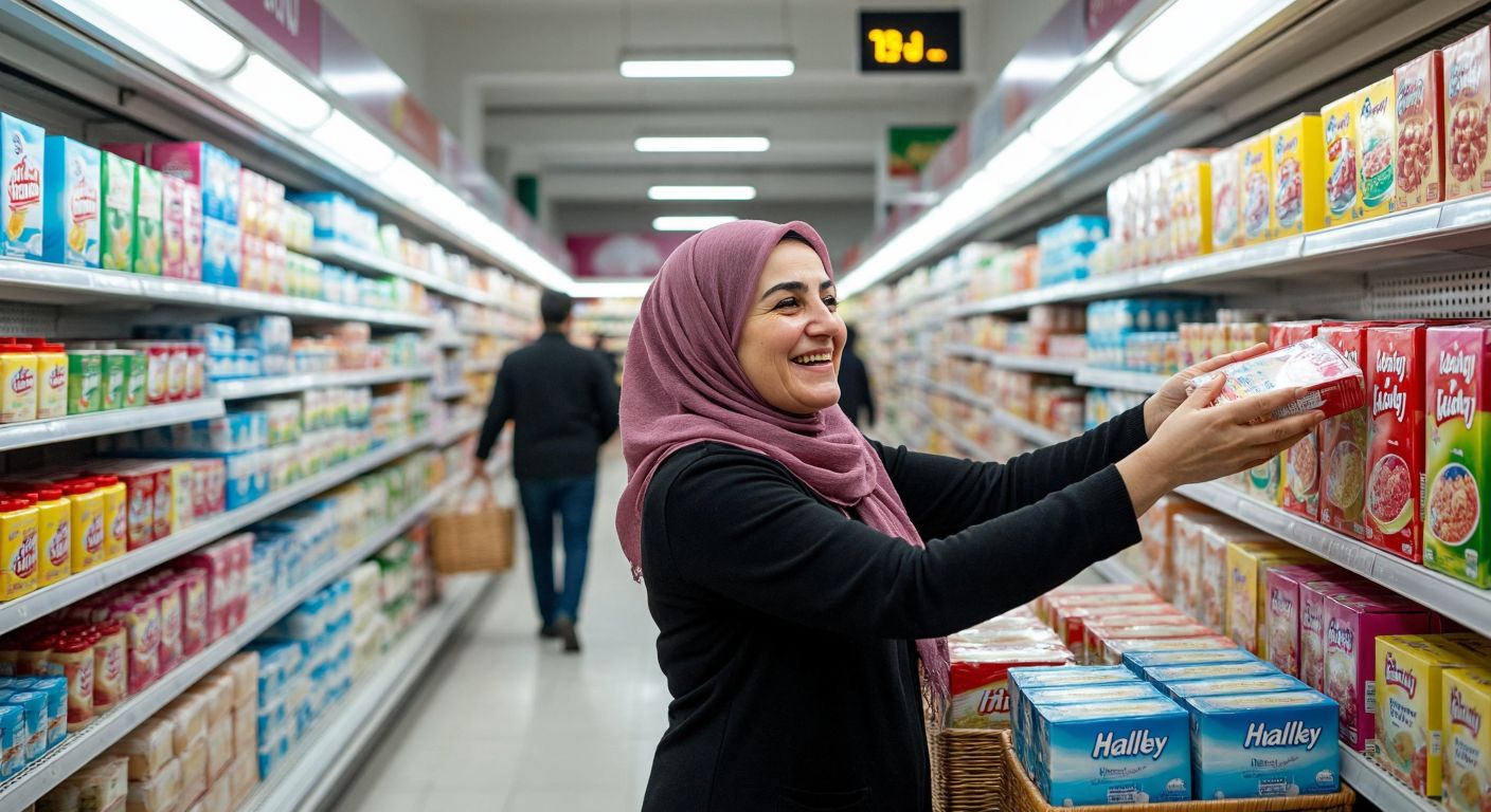 A bustling A101 supermarket aisle in Turkey, with neatly stacked colorful Halley detergent boxes under warm fluorescent lights, as a smiling middle-aged woman in a headscarf reaches for one.