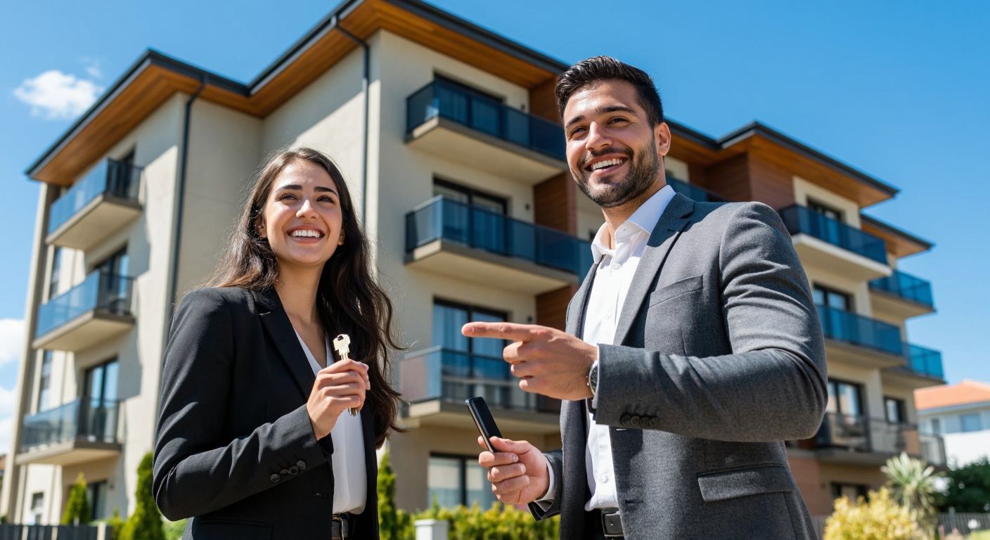 A smiling young couple standing in front of a modest but well-kept apartment building in Batman, holding keys and looking relieved, with a real estate agent in a suit gesturing toward the entrance, under a clear blue sky.