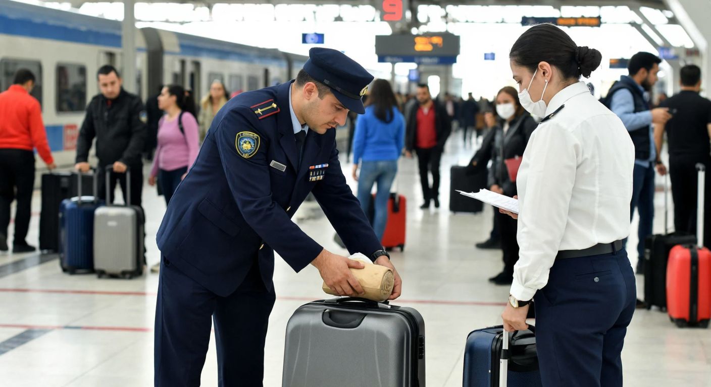 A uniformed customs officer in a bustling Turkish train station carefully inspects a traveler’s suitcase while another officer reviews documents nearby, with luggage and passengers in the background.