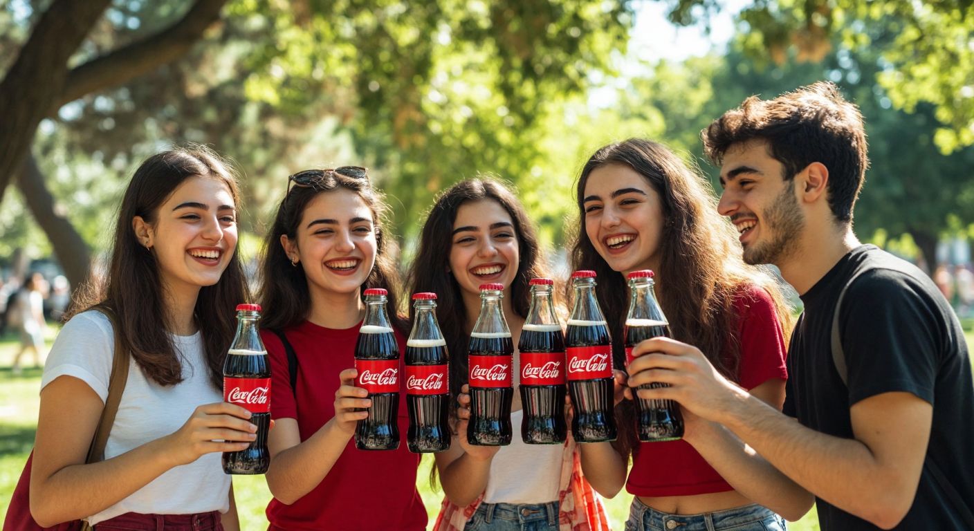 A group of smiling young people in a sunny Turkish park sharing chilled Coca-Cola bottles with their names printed on the labels.