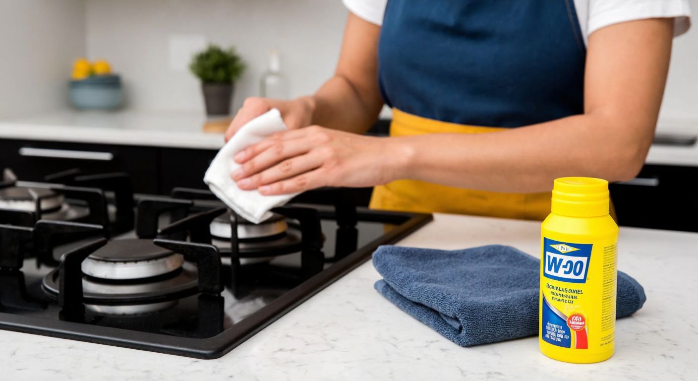 A close-up of a Turkish woman in a kitchen wearing an apron, carefully cleaning a stove knob with a cloth while a small bottle of WD-40 sits nearby on a marble countertop.