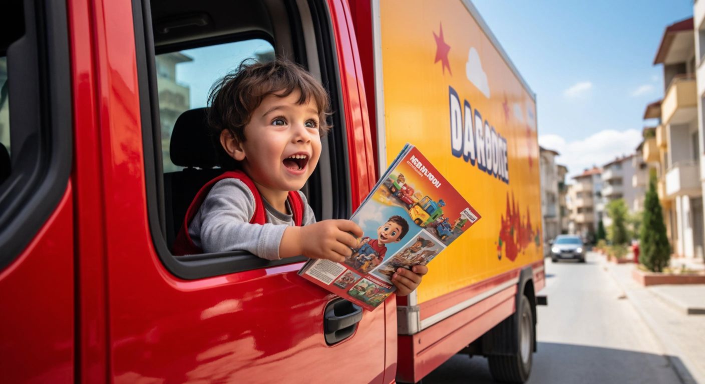 A young child in Turkey eagerly peering out of a window at a delivery truck parked outside, clutching a colorful toy catalog with excitement.