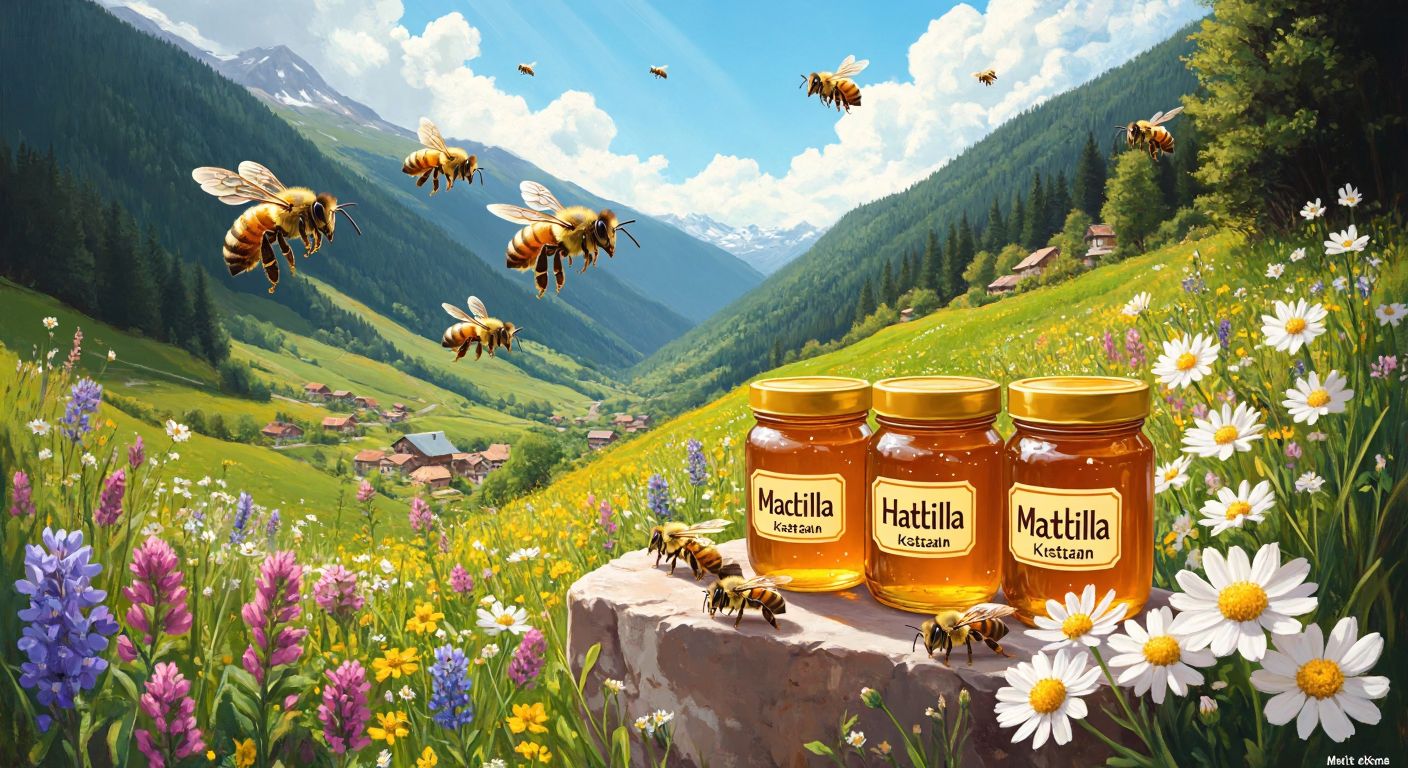 A lush green valley in Artvin with golden honey jars labeled "Macahel," "Hatila," and "Borçka Kestane" surrounded by vibrant wildflowers and bees hovering over them.  

**Correction:**  

A lush green valley in Artvin with golden honey jars surrounded by vibrant wildflowers and bees hovering over them, under a bright sun.