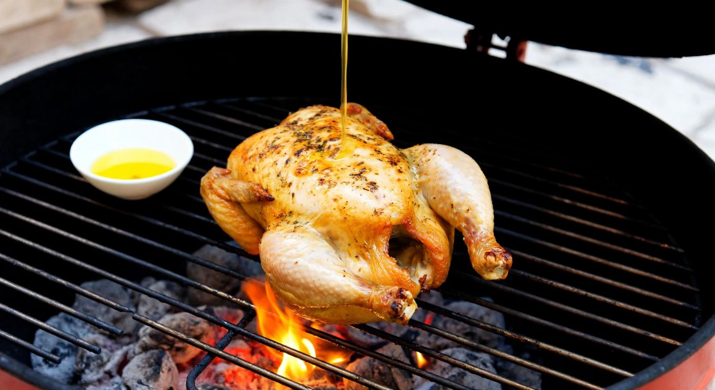 A golden-brown grilled chicken sizzling on a skewer over glowing embers, with a small bowl of melted clarified butter (sade yağ) drizzling over it, set against a rustic outdoor grill in a Turkish garden.